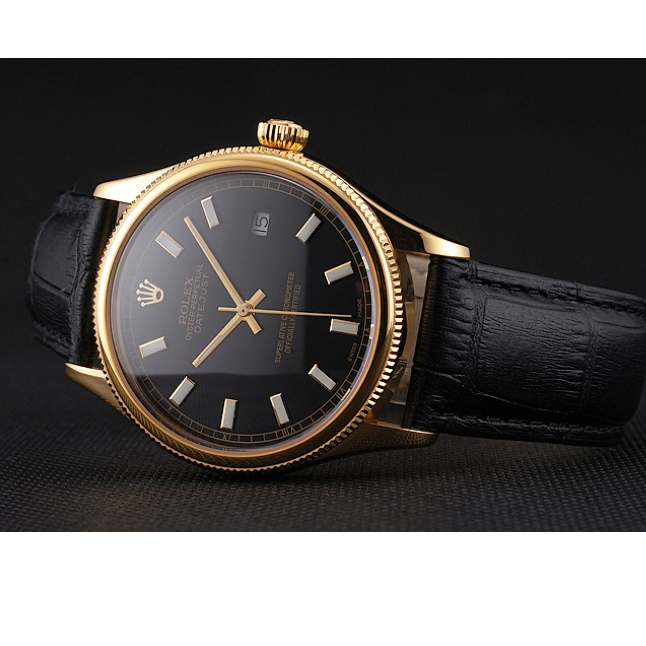 AAA replica watch Case Gold Swiss Black Leather Strap Datejust Black Dial Rolex 0728